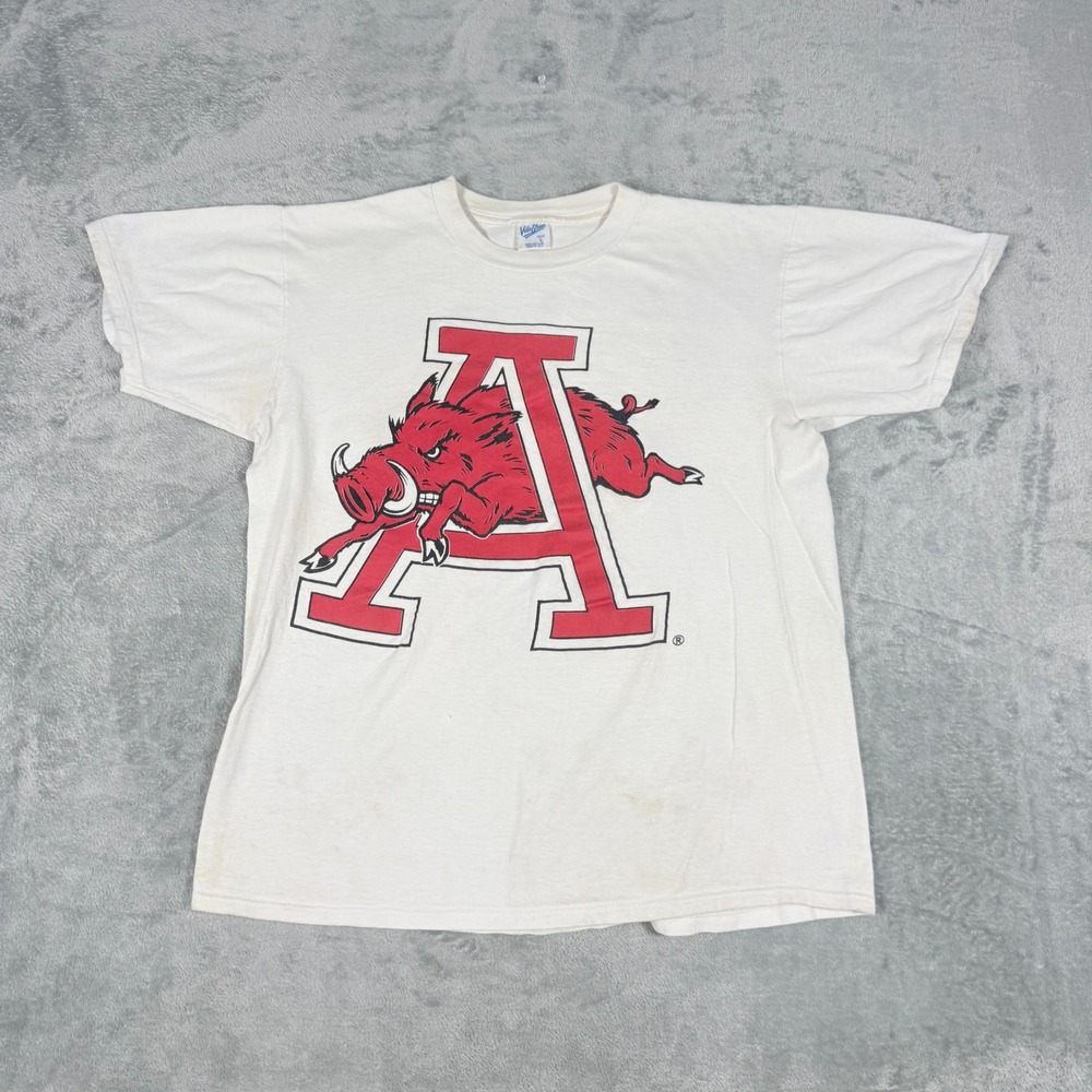 Vintage Velva Sheen Mens Large T-Shirt Arkansas Razorbacks Single Stitch White